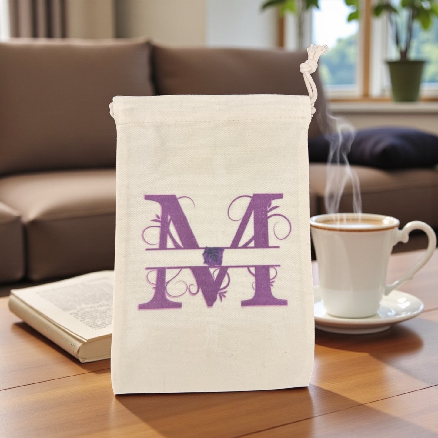 CUSTOM OMBRE INITIAL GLASS CUP AND MATCHING DRAWSTRING BAG