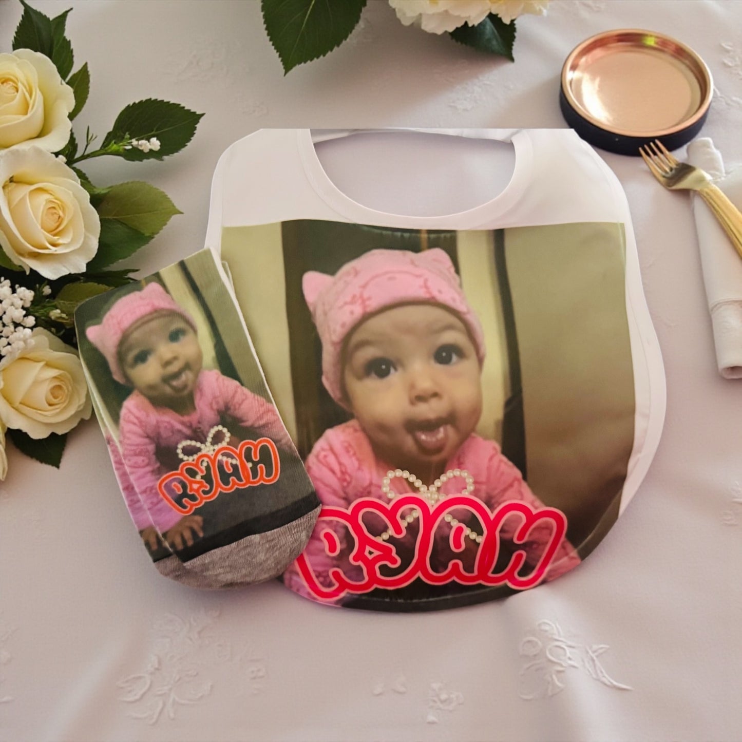 CUSTOM PERSONALIZED BABY BIB AND SOCK SET