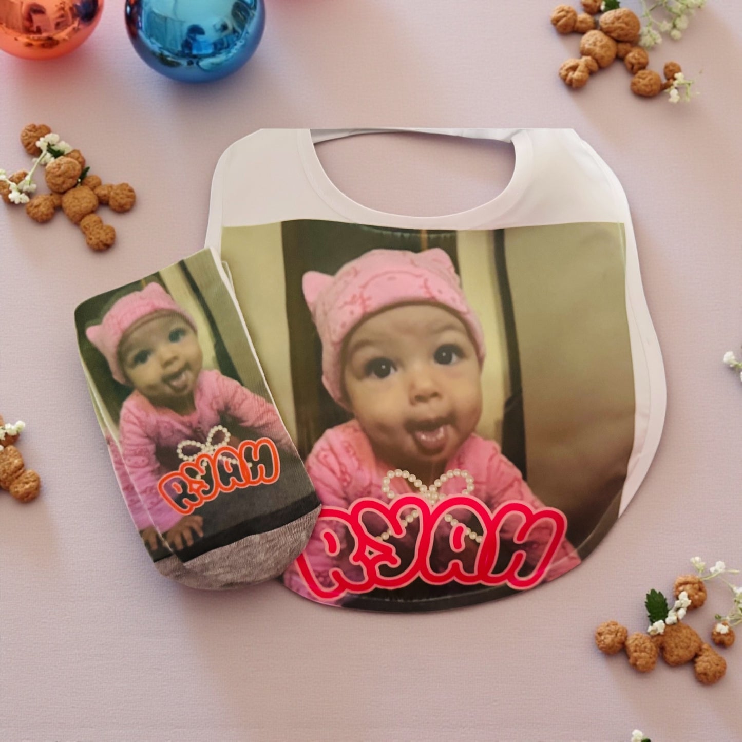 CUSTOM PERSONALIZED BABY BIB AND SOCK SET