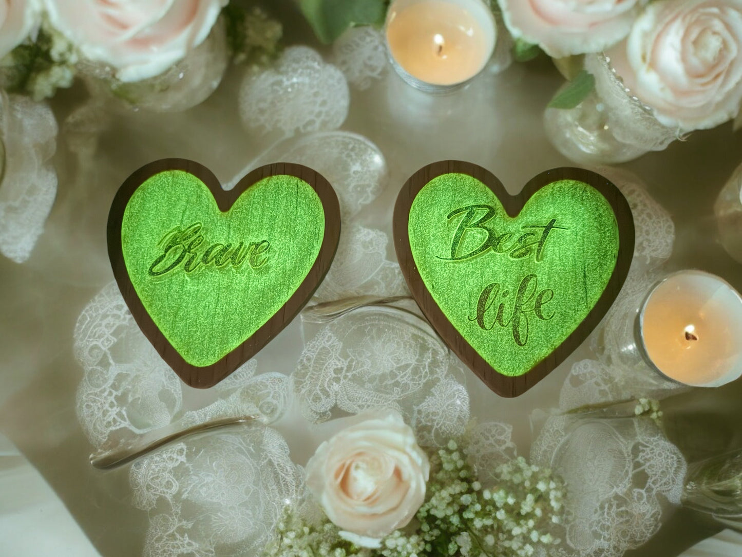 CUSTOM HEART SHAPE WOOD AND RESIN COASTERS