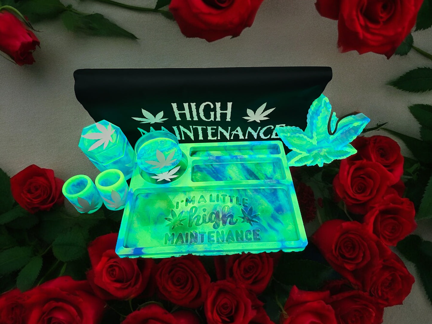 CUSTOM BIG HIGH MAINTENANCE ROLLING TRAY SET.