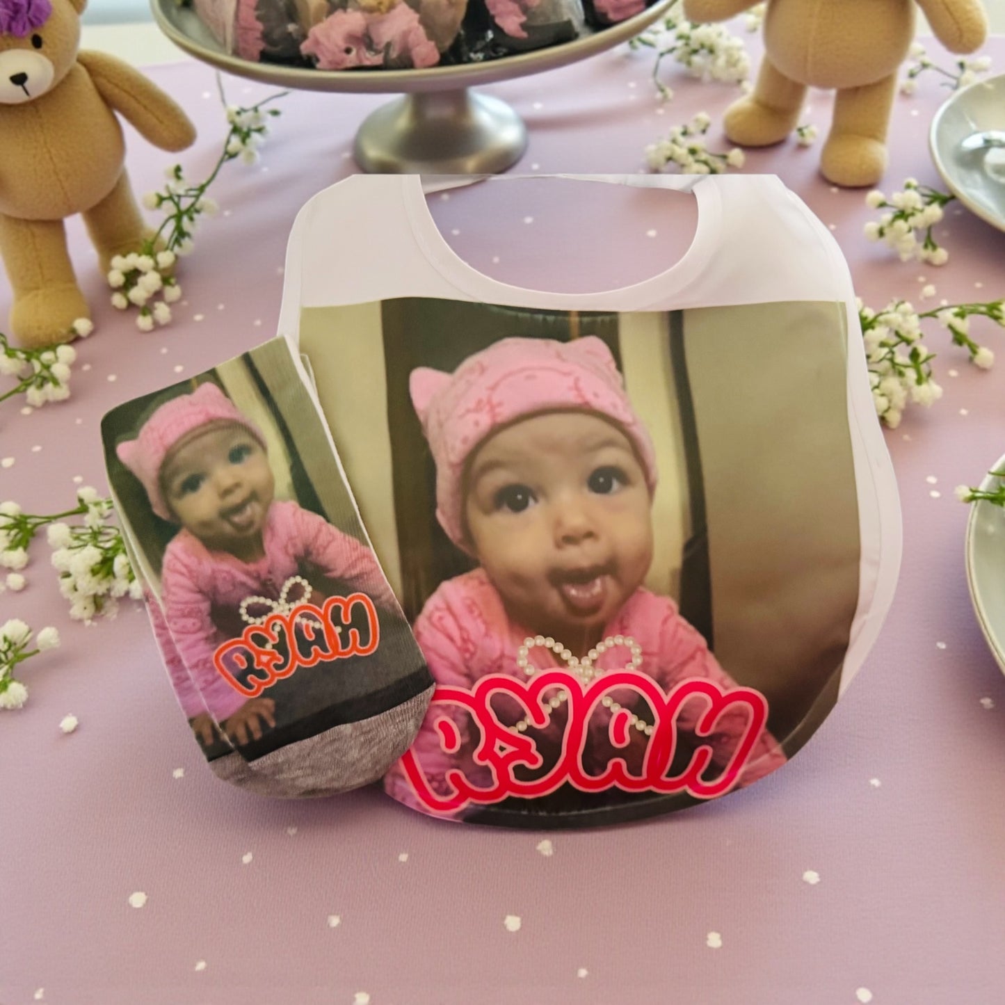 CUSTOM PERSONALIZED BABY BIB AND SOCK SET