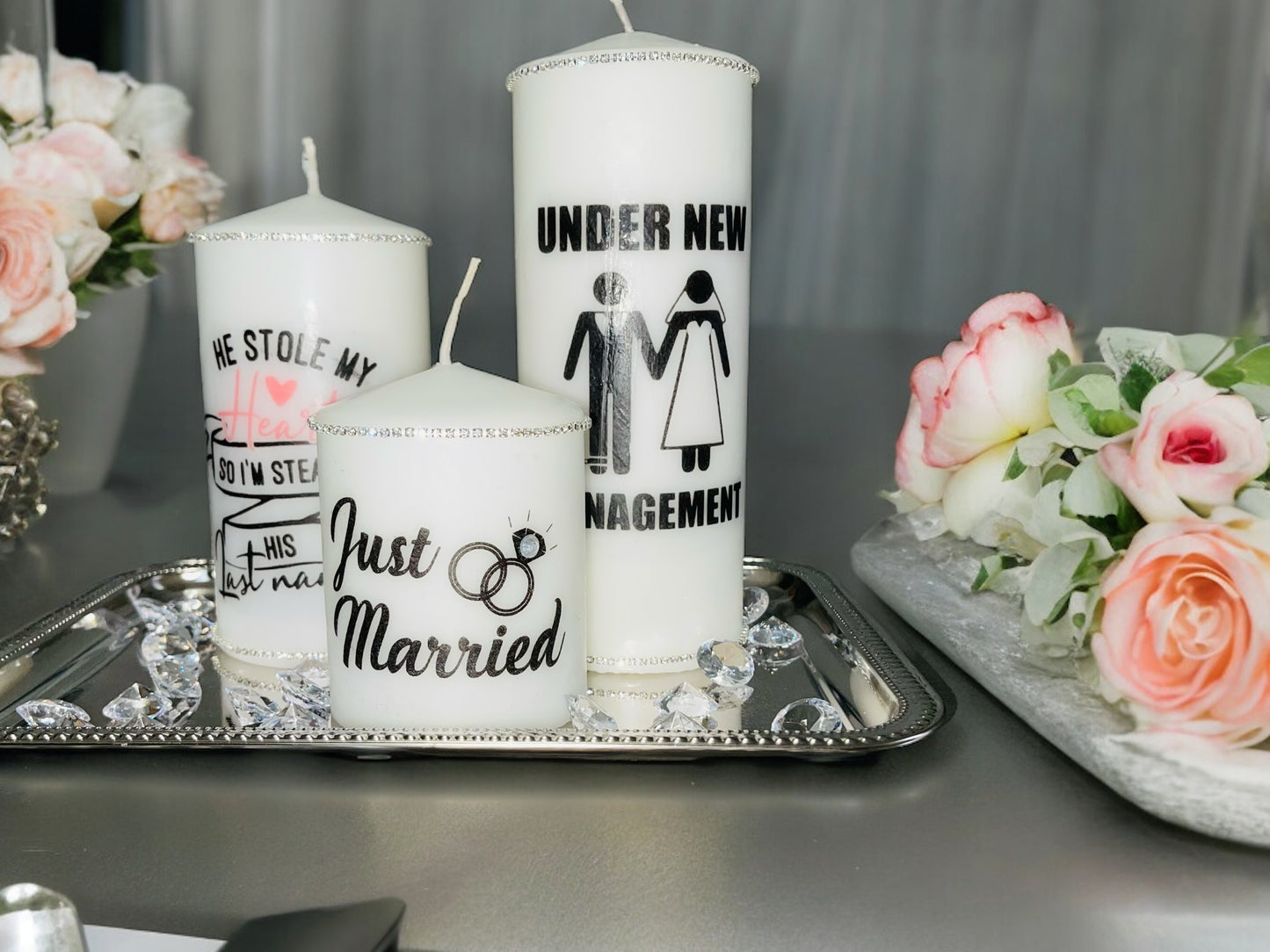 CUSTOM JUST MARRIED DECRETIVE CANDLE SET