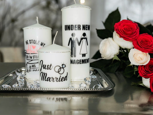 CUSTOM JUST MARRIED DECRETIVE CANDLE SET