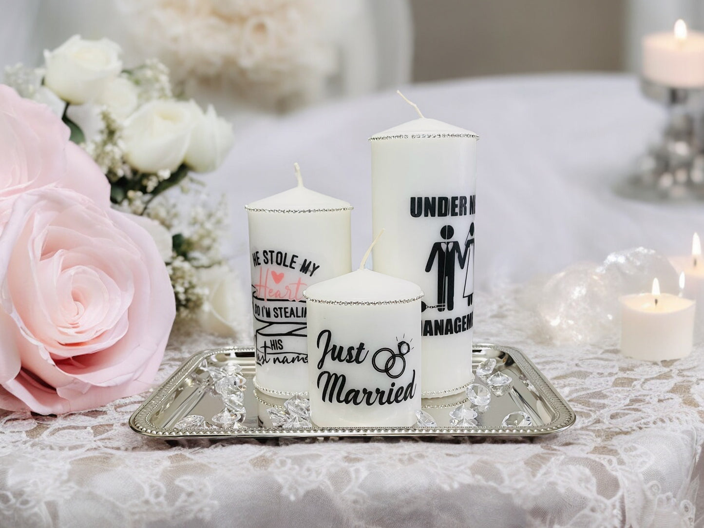 CUSTOM JUST MARRIED DECRETIVE CANDLE SET