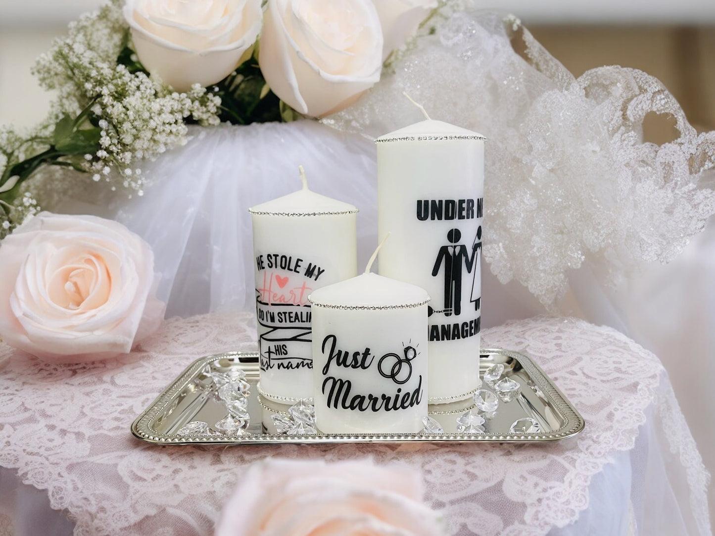 CUSTOM JUST MARRIED DECRETIVE CANDLE SET