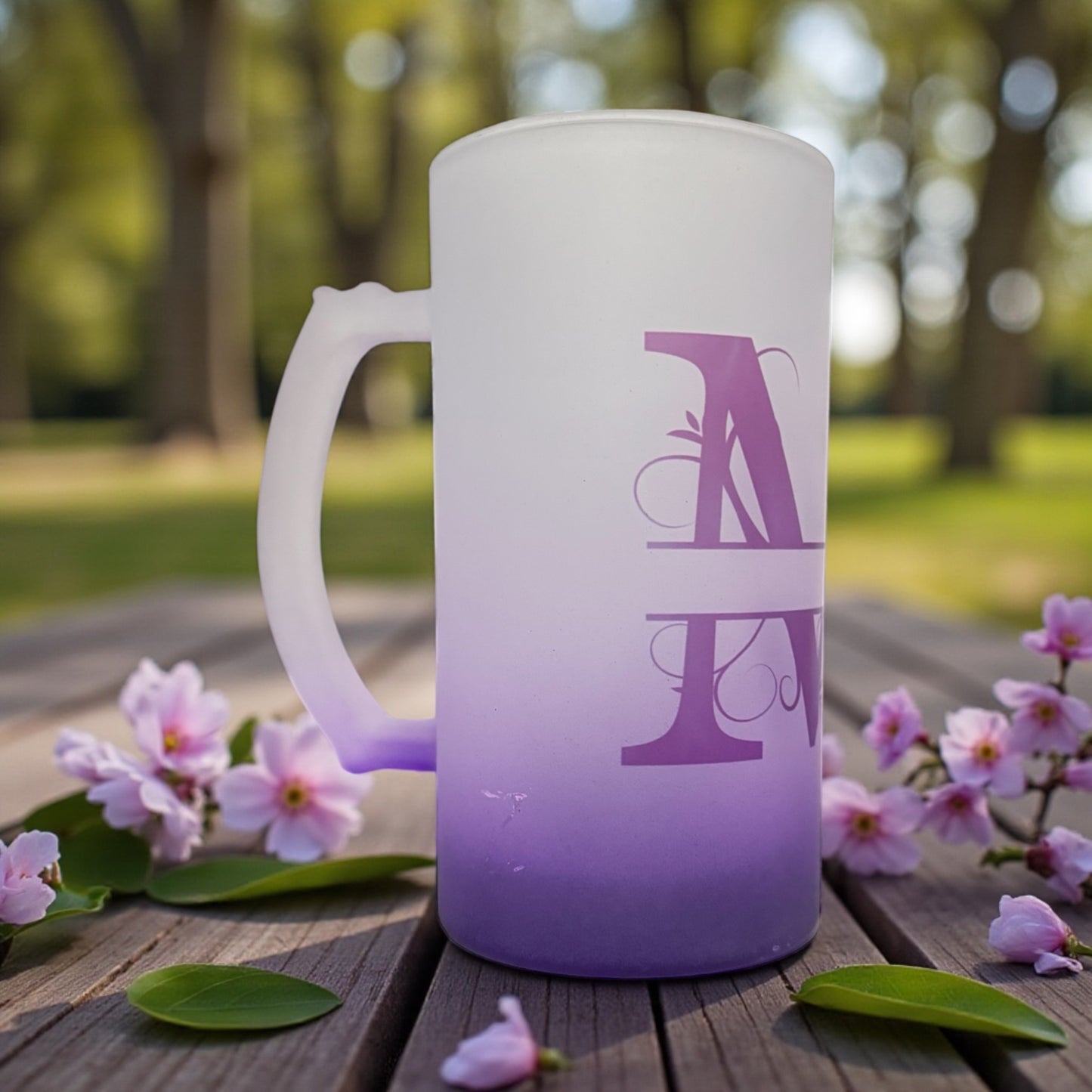 CUSTOM OMBRE INITIAL GLASS CUP AND MATCHING DRAWSTRING BAG