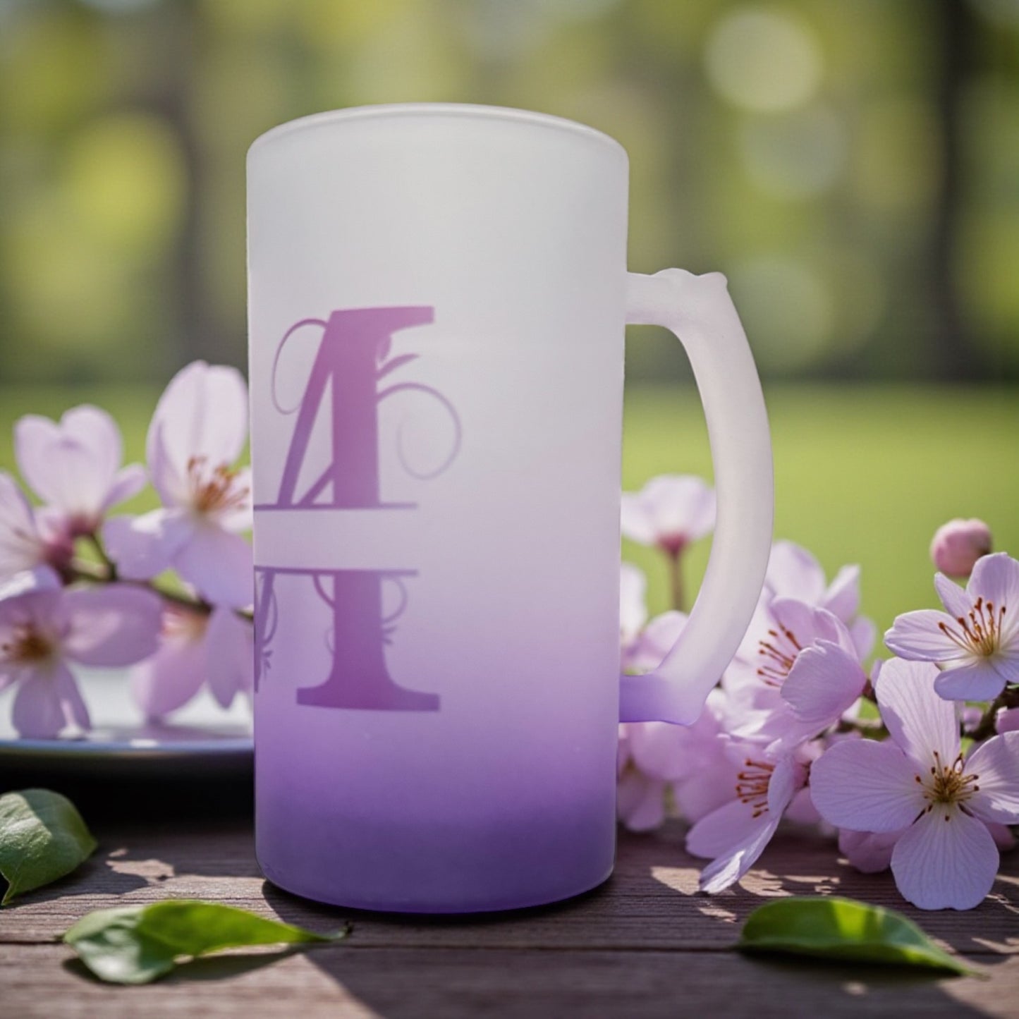 CUSTOM OMBRE INITIAL GLASS CUP AND MATCHING DRAWSTRING BAG