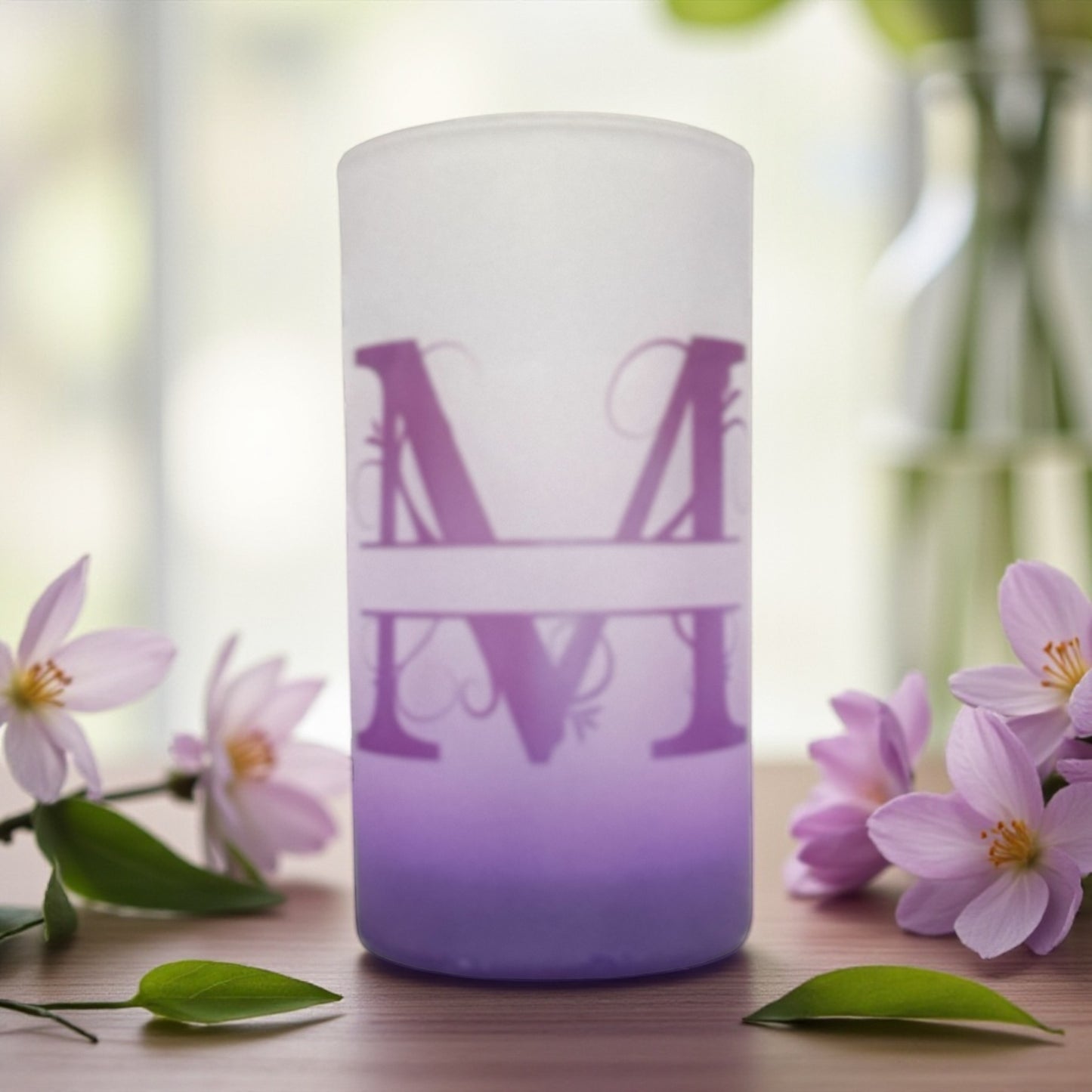 CUSTOM OMBRE INITIAL GLASS CUP AND MATCHING DRAWSTRING BAG