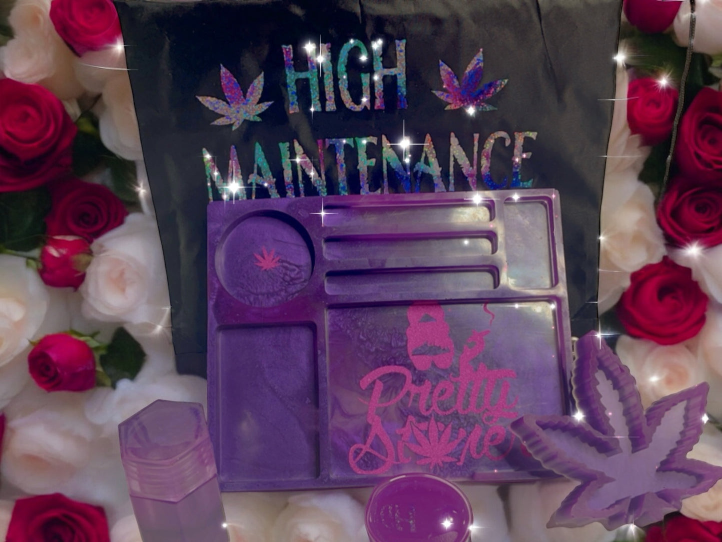 CUSTOM PRETTY STONER ROLLING TRAY SET.