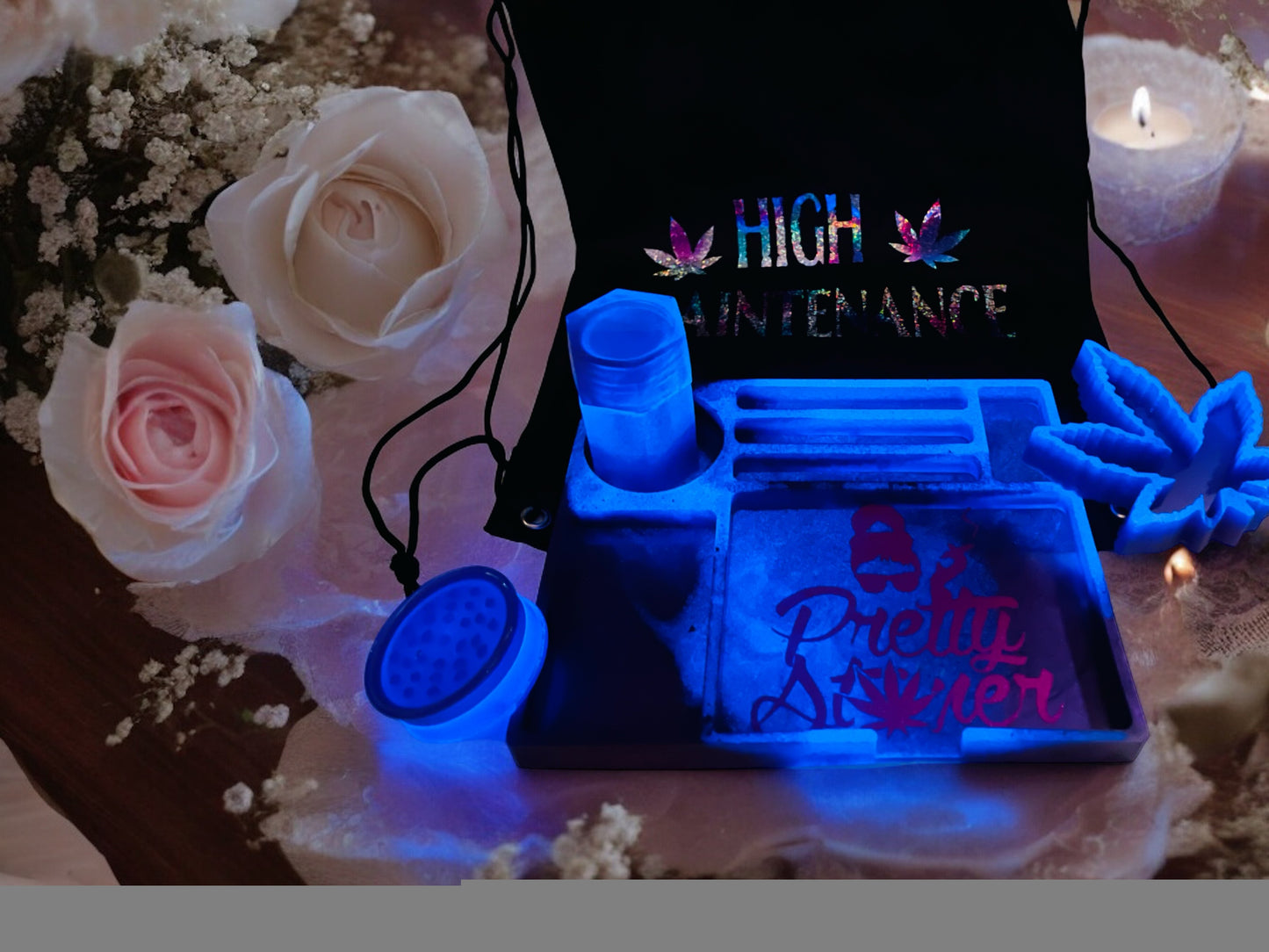 CUSTOM PRETTY STONER ROLLING TRAY SET.